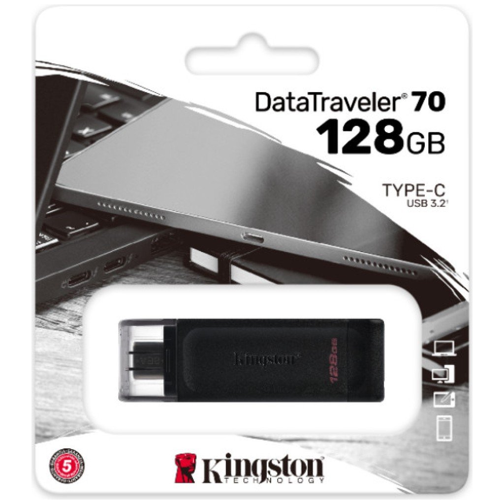 Spominski ključek 128GB USB-C Kingston DT70 80MB/s plastičen s pokrovčkom črn (DT70/128GB)